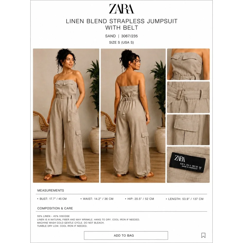 Zara Linen Blend Strapless Belted Jumpsuit Sand Beige Small 3067/235 Wide Leg